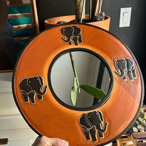 Vintage Elephant Wood Wall Mirror Hand Carved Indonesia Boho Safari Decor